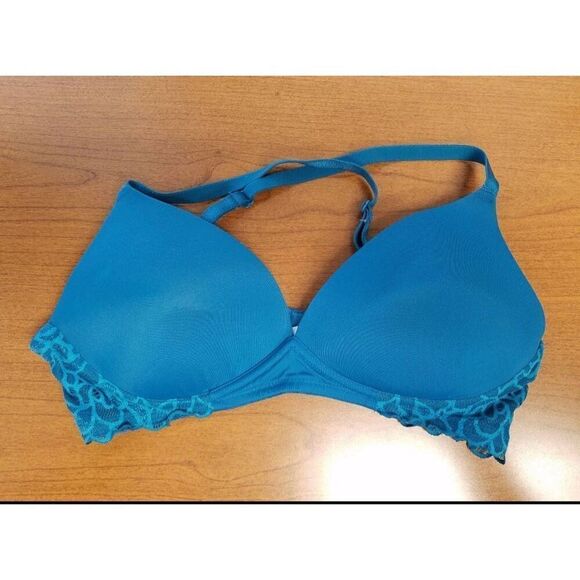 SET OF 2 36C Bras. 1-SO Aqua with lace wings. No underwire 1-no brand Navy space - Picture 2 of 11